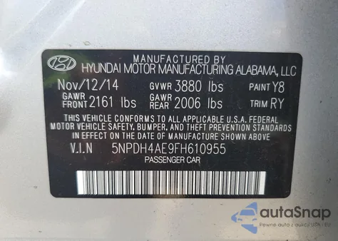 2015 Hyundai Elantra Se from USA, damaged, VIN 5NPDH4AE9FH610955